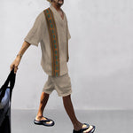 Men's Printed Casual Loose V Neck Luxury Textured Jacquard Fabric Half-Sleeved T-Shirt and Shorts Two-Piece Set, Fashionable Summer Men's Suit, Comfortable and Trendy Street Beach Style Combination