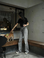 ETJ Wide-leg high-waisted jeans  women's classic everything with five pockets washed soft comfortable ultra-long jeans6045022