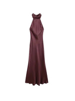 TRZA-Women's Long Satin Halter Dress, Backless, Bow Tied, Back Zipper, Female Dresses, Sexy Fashion