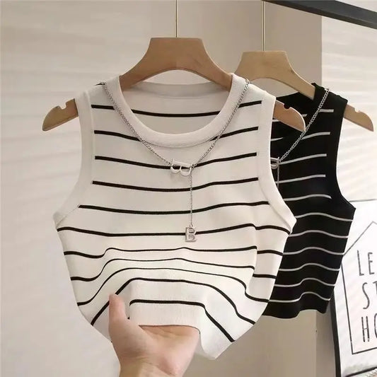 New waistcoat women wear striped wide edge temperament summer top short knit sleeveless bottom shirt