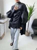 EAM Women Irregular Drawstring Big Size White Blouse New Stand Collar Long Sleeve Shirt Fashion Tide Spring Autumn 2025 1Z189