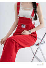 Jumpsuits Women Streetwear Red Denim Overalls Vintage Loose Casual Wide Leg Pants High Waist Strap Straight Jeans Trousers New