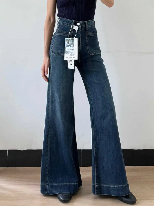 Women's Autumn New Fashion Retro Micro-flared Jeans, Solid Color High-waisted Straight Wide Leg Pants, Loose Floor-length Jeans