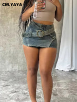 CM.YAYA 2025 Summer High Waist Denim Washed Vintage Women Shorts Skirts Belt Cargo Party Streetwear Classic A-Line Mini Shorts