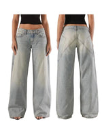 Women's Fall Jeans with Pockets Fashion Loose Fit Casual Solid Low Rise Wide Leg Denim Pants