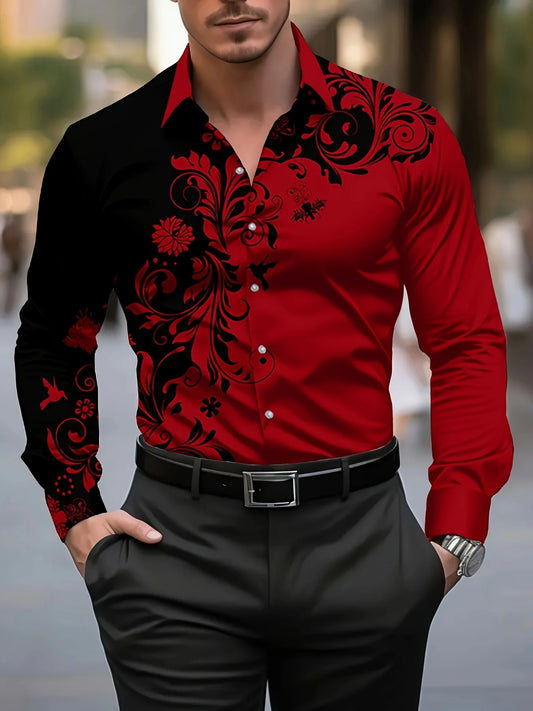 Men'S Stylish Red Floral Print Dress Shirt - Casual Long Sleeve Button-Up Design Spring Fashion Shirt Floral Print Shirt