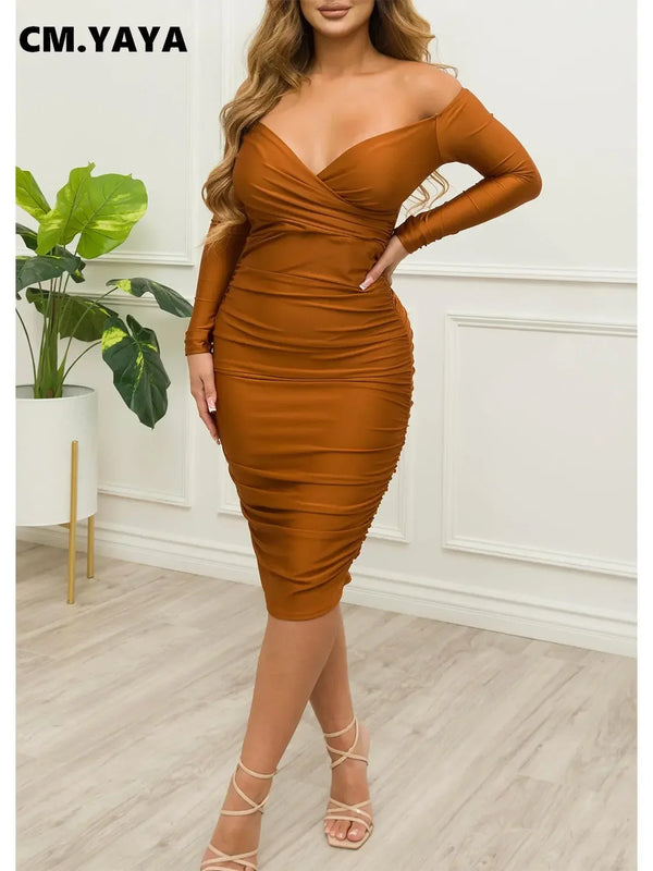 CM.YAYA Fashion Women Off Shoulder V-neck Ruched Stacked Bodycon Midi Dress Autumn Winter Long Sleeve Party Club Prom Vestidos