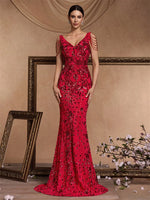 Elegant Deep V-Neck Red Sequin Formal Evening Dresses Women 2024 Beading Wedding Party Mermaid Cocktail Prom Gown