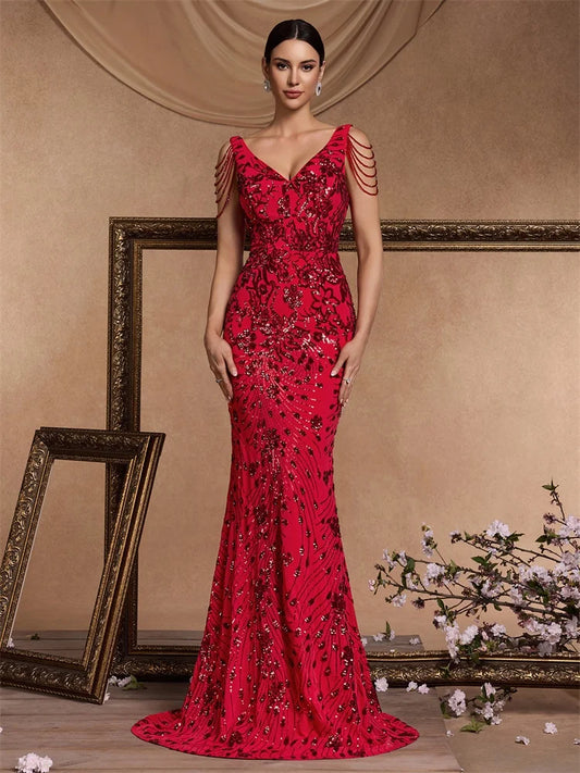 Elegant Deep V-Neck Red Sequin Formal Evening Dresses Women 2024 Beading Wedding Party Mermaid Cocktail Prom Gown