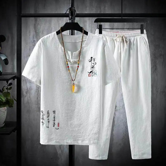 (Shirt + trousers) 2025 summer Chinese Style men shirt Cotton and linen shirts men's High quality casual shirts Two Piece M-5XL
