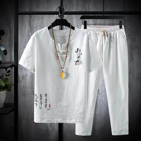 (Shirt + trousers) 2025 summer Chinese Style men shirt Cotton and linen shirts men's High quality casual shirts Two Piece M-5XL