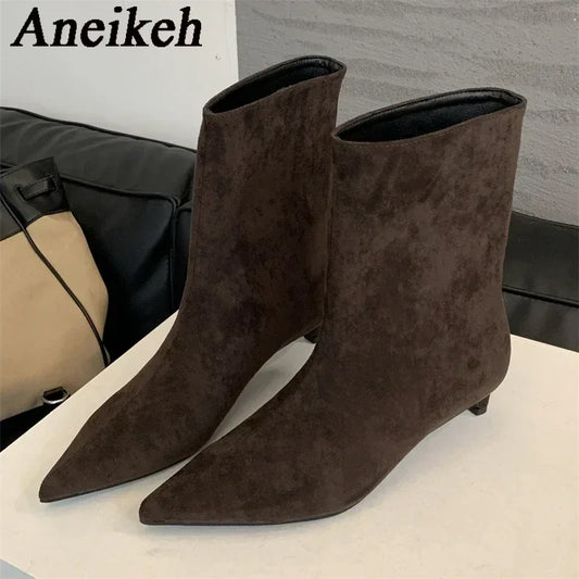 Aneikeh Autumn Fashion High Quality Pointed Toe Vintage Ankle Boots Sexy Thin Low Heel Women Warm Knight Slip On Party Shoes