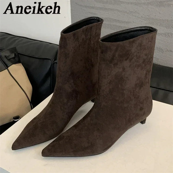Aneikeh Autumn Fashion High Quality Pointed Toe Vintage Ankle Boots Sexy Thin Low Heel Women Warm Knight Slip On Party Shoes