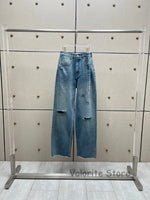 Woman Blue Denim Washed Ripped Jeans Knees Holes Fashion Trousers Frayed Hem 2025 Pants