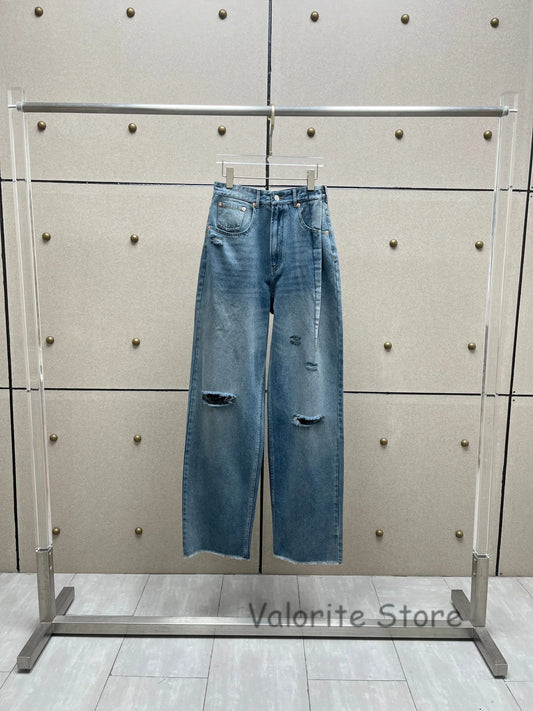 Woman Blue Denim Washed Ripped Jeans Knees Holes Fashion Trousers Frayed Hem 2025 Pants