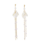 Trendy Temperament Long Pearls No Hole Clip Earrings Imitation Pearl Shell Tassel Long Clip on Earrings on Pierced Ears Women