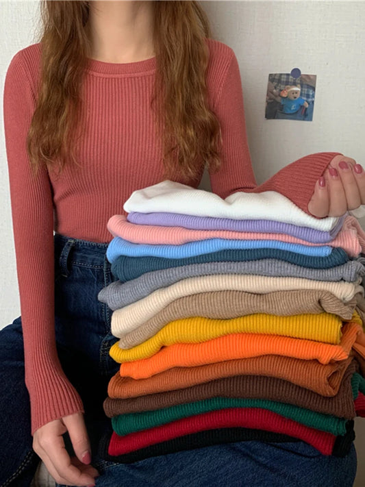 2025 New Women Sweater Autumn Winter Long Sleeve Pullover Basic Top Fashion O-neck Elastic Female Winter Solid Knitted Jumper