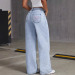 Jean Straight Pants Women Denim Washed Jeans Full Length Mom Embroidery Pockets Loose High Waist Vintage Zipper Fly Spliced