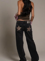 Patchwork Leopard Star Metal Rivet Jeans Y2k Denim Pants Women Female Baggy Dragging Hip High Street 2025 Casual Trousers