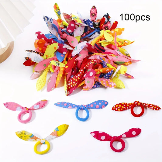 100Pcs/bag Ladies Lovely Rabbit Ear Hair Cord Wave Point Flower Print Cloth Art Hair Rope Hair Accessories