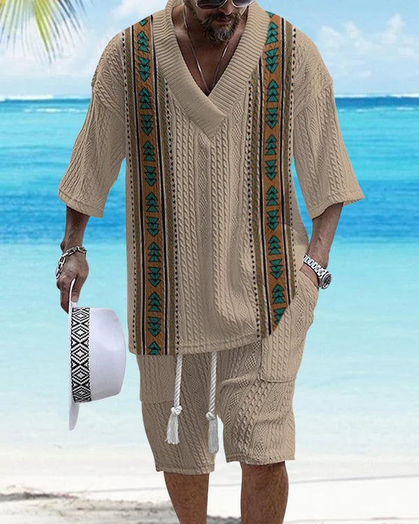 Men's Printed Casual Loose V Neck Luxury Textured Jacquard Fabric Half-Sleeved T-Shirt and Shorts Two-Piece Set, Fashionable Summer Men's Suit, Comfortable and Trendy Street Beach Style Combination