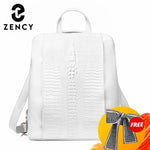 Zency 100% Genuine Leather Pure White Knapsack Ladies Crocodile Pattern Women Backpack Fit A4 Magazine Laptop