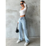 Jeans Wide Leg Pants Women 2025 Streetwear High Waist Washed Distressed Pockets Vintage Full Length Denims Basis Trousers