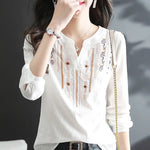 Women Spring Autumn White Blouses Tops Lady Casual Embroidery V-Neck Long Sleeve Vintage Loose Blusas Top DF4272