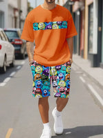 Cute cartoon print summer casual men's suit urban fashion street short sleeved top and shorts casual lightweight breathable comf