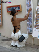 Weird Puss Sexy Elegant Halter Dress Women Summer Backless Lace-Up Color-Block Sleeveless Trendy Nightclub Wild Fashion Clothing