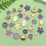 30pcs Purple Enamel Flower Charms Alloy Small Daisies, Cherry Blossoms, Rose Flower Pendants For DIY Jewelry Making Accessories