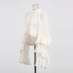 TWOTWINSTYLE Solid Loose Sheer Blouses for Women High Neck Long Sleeves Patchwork Ruffles Folds Elegant Blouse Female Clothing