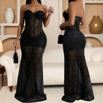 Long Dresses With Sleeves Strapless Sequin Womens Dresses See-through Elegant Party Evening Dress Birthday Prom Maxi Dress XSY22
