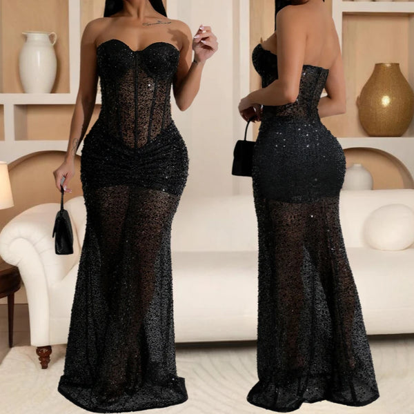 Long Dresses With Sleeves Strapless Sequin Womens Dresses See-through Elegant Party Evening Dress Birthday Prom Maxi Dress XSY22