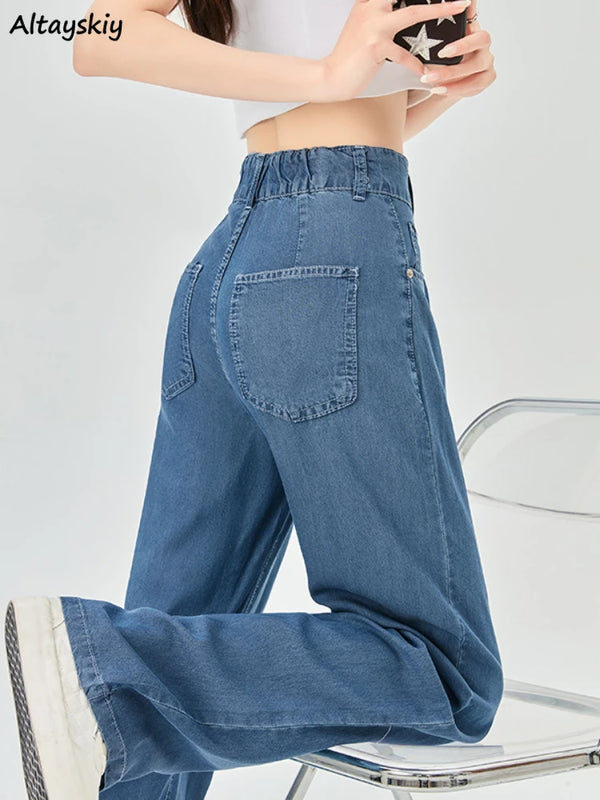 Summer Jeans Women Ice Silk High Waist Blue Loose Korean Fashion Simple Leisure All-match Daily Wide Leg Stylish Trendy Chic