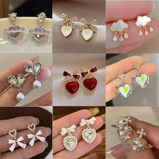 Non Pierced Mini Zircon Heart Clip on Earrings Fashion Temperament Small Heart Pearls Cloud Ears Clips for Women Evening Party