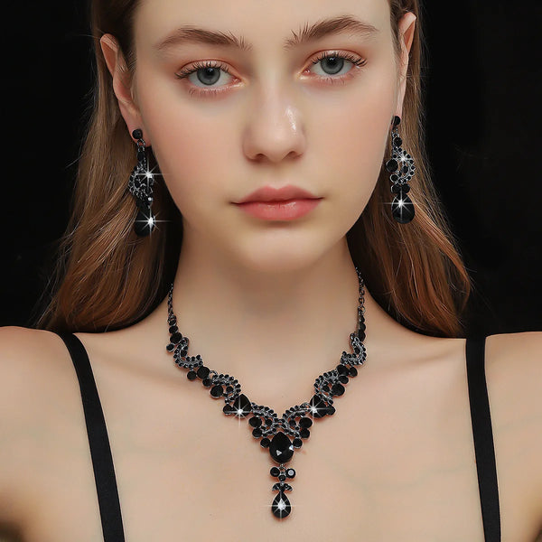 FYUAN Black Water Drop Crystal Necklace Earrings For Women Wedding Bride Jewelry Sets