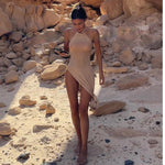 Para Praia Knitted Cover Up Beach Dress Sexy See Through Slit Bodycon Summer Dress Bikinis Cover-ups  Elegant Halter Beachdress