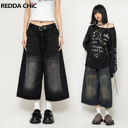 REDDACHiC Boyfriend Style Women Whiskers Denim Shorts Big Size Vintage Casual Wide Pants Baggy Jeans Jorts Grunge Y2k Streetwear