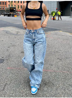 Floor Length Pant Jeans Women Wide Leg Denim Pants High Waist Loose Casual Straight Trousers Elegant Splice Autumn 2024