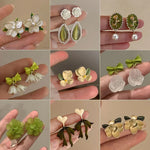 Korean Style Summer Fresh Small Green Bowknot Earrings Cute Zircon Flower Pearl Clip on Without Piercing for Women Party