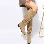 New High Quality Pleated Boots Women Black Nude Faux Suede Flock Knee High Boots Ladies Flat Autumn Winter Dress Shoe