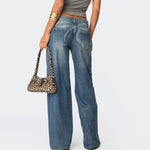 Fashion Women Wide Leg Denim Pants Casual Vintage Bow Print Loose Jeans Trousers for Work Office Y2K Vintage Streetwear