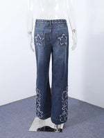 Vintage Women's Denim Jeans Pant With Studs Star Patches High Waist Wide Leg Trendy Streetwear Baggy Pants Casual Daily Trousers