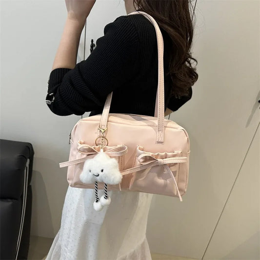 Cute Bow Tie Design Underarm Bags for Women 2025 Y2K Korean Fashion Handbags and Purses Pu Leather Shoulder Bag Designer Bag