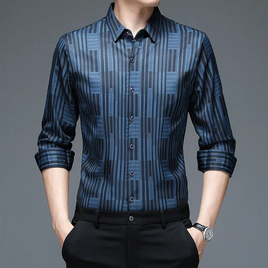 New Men's Casual Printed Long Sleeved Lapel Shirt for Spring and Autumn Fashion Comfortable Wrinkle Free Top Without Ironing
