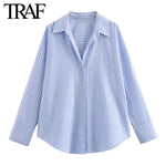 TRAF Women Fashion Spring Cotton Oxford Long Sleeve Single-breasted Lapel Blouse Street Clothing Shirt Chic Ladies Tops Mujer