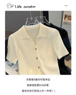 Women's Clothing Chic Polo-neck Knit Short Sleeve T-shirt Summer Casual Loose Thin All-match Cardigan Lady Solid Breathable Tops