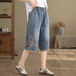 Embroidery New Chinese Style Denim Culottes for Women Summer Thin Style New High Waist Loose Casual Wide Leg Pants