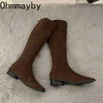 Designer Vintage Women Knee High Boots Fashion Square Low Heel Shoes Concise Slim Long Botas De Mujer